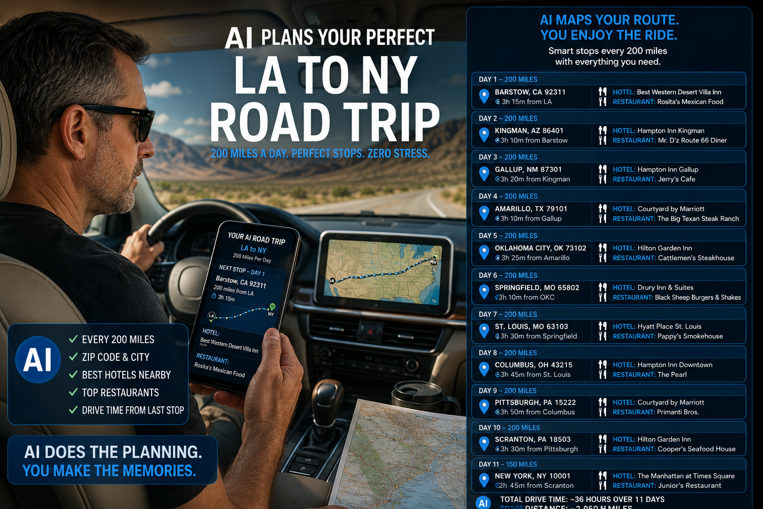 AI planning a perfect road trip with every stop, hotel and restaurant