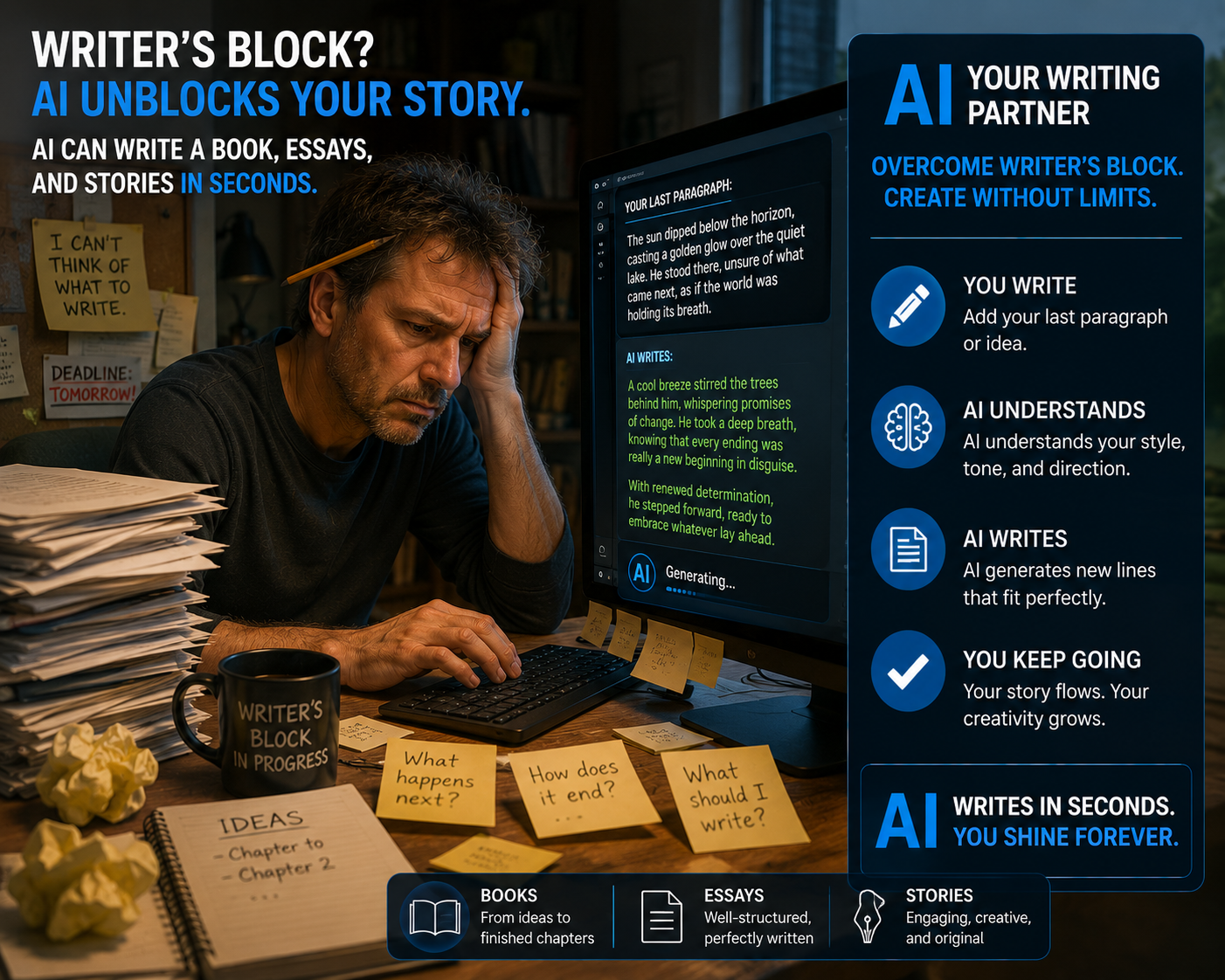 AI writing a book, essays and stories in seconds